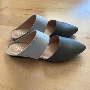 Gray leather slides
